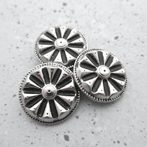 Bursting Silver Flower Buttons, ≈28mm 1-1/8 inch - Radiant Antiqued Silver-Tone Metal Floral Shank-Buttons - 3 Vintage New-Old-Stock MT236