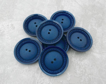 Royal Cobalt 1940s Vintage NOS 2-Hole Sew-Through ≈30mm Glossy Raised Rim Tooled Sprig Domed Satin Center Casein Buttons in Lapis Blue PL629