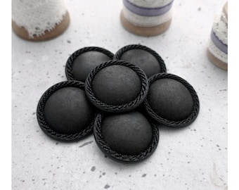 Raven Black Buttons, 30mm 31mm 1-1/4 inch - Large Molded Nero Black Coat Shanks - 6 VTG NOS Satin Matte Ebony Satin Black Dome Buttons P698