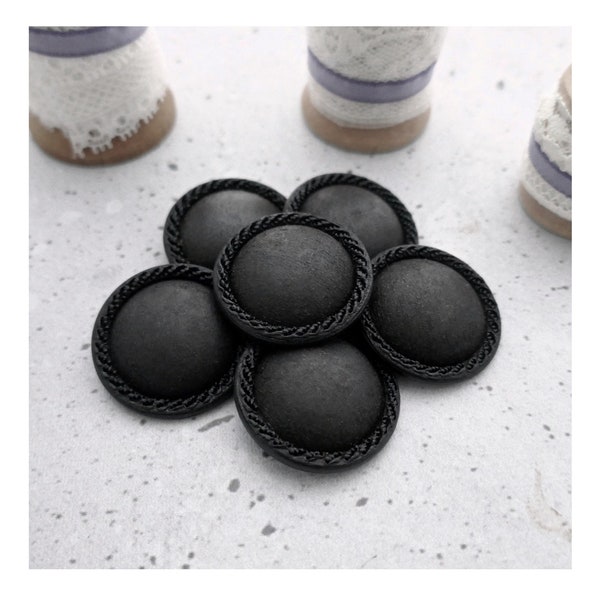 Raven Black Buttons, 30mm 31mm 1-1/4 inch - Large Molded Nero Black Coat Shanks - 6 VTG NOS Satin Matte Ebony Satin Black Dome Buttons P698