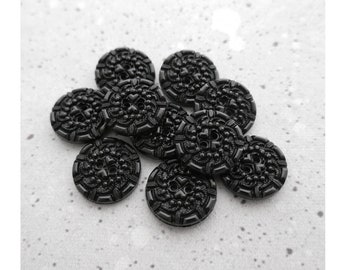 Twinkle Black Buttons, 18mm .71 inch - Sparkly Black Buttons w/ Carved Swirls Hearts Motif - VTG NOS Midnight Black Sew-Through Buttons P477