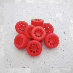 Pierced Mod Red Buttons - CHOOSE 18mm .71 in. 23mm .90 in. - Carved Retro Robin Red Seed Flower Buttons - VTG NOS Bright Scarlet Shanks P449