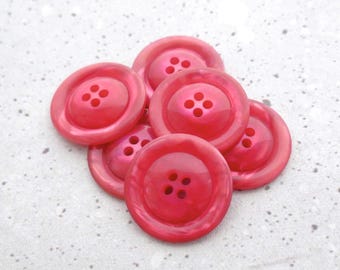 Hot Hibiscus 1980s Vintage NOS 4-Hole Sew-Throughs, ≈29mm 1-1/8" - Swirled Silvered Tonal Iridescent Low Dome Buttons in Paradise Pink P362