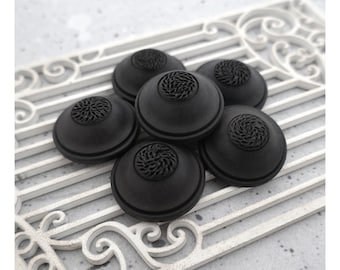 Modern Black Vintage NOS Shank Buttons, ≈27mm 1.06" - 4 or 6 Carved Chunky Satin Matte Licorice-Black Coat-Buttons w Textured Flat Tops P749
