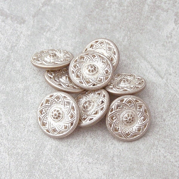 Matte Silvered Flower Buttons - CHOOSE 18mm .71 inch, 23mm .90 inch - 6 NOS Warm Silver-Tone Pierced Brass Metal Floral Shank Buttons MT122