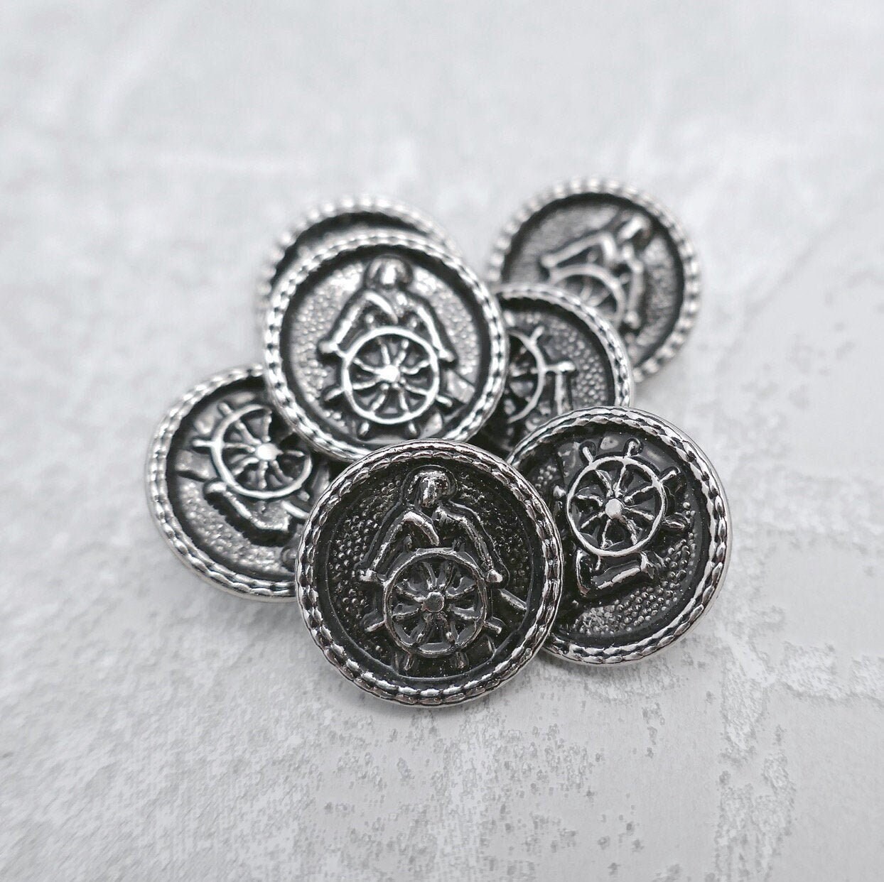 Nautical Helmsman Buttons, 15mm 5/8 inch -  Sea Captain Silver Metal Shank Buttons - 7 Vtg NOS Silver-Tone Metal Ship Wheel Buttons MT156