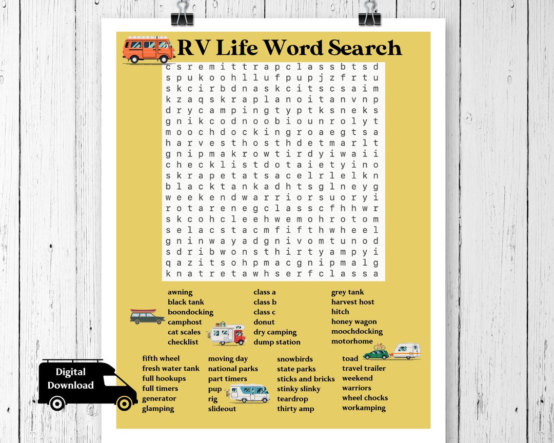 Rv Words RV Life Word Search Printable, RV Gifts, Camping Life Activity. Fun ...