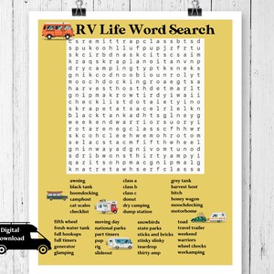 Op de afbeelding: Een witte poster met de titel "RV Life Word Search" toont een woordzoeker en een lijst met woorden gerelateerd aan campers. De poster bevat illustraties van campers en de woorden "Digital Download".
