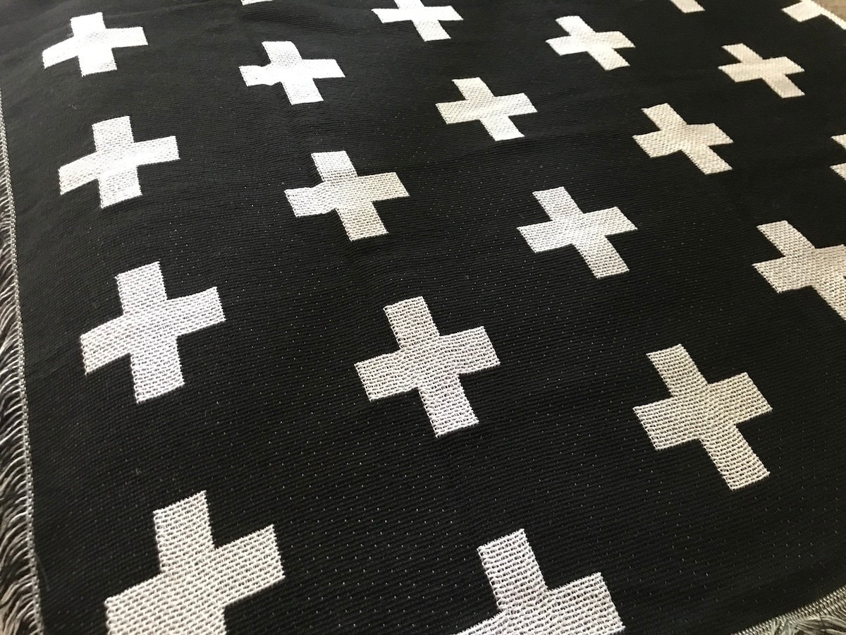 Large Black White Swiss Cross Cotton Throw Blanket Camping Etsy