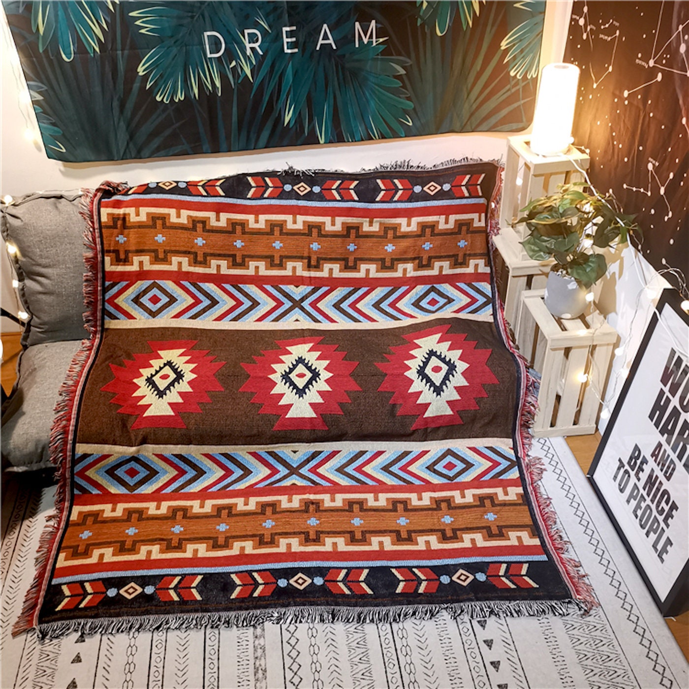 Ethnic Aztec Cotton Blanket Indian Navajo Rug Sofa Throw Bedspread Tapestry BOHO 