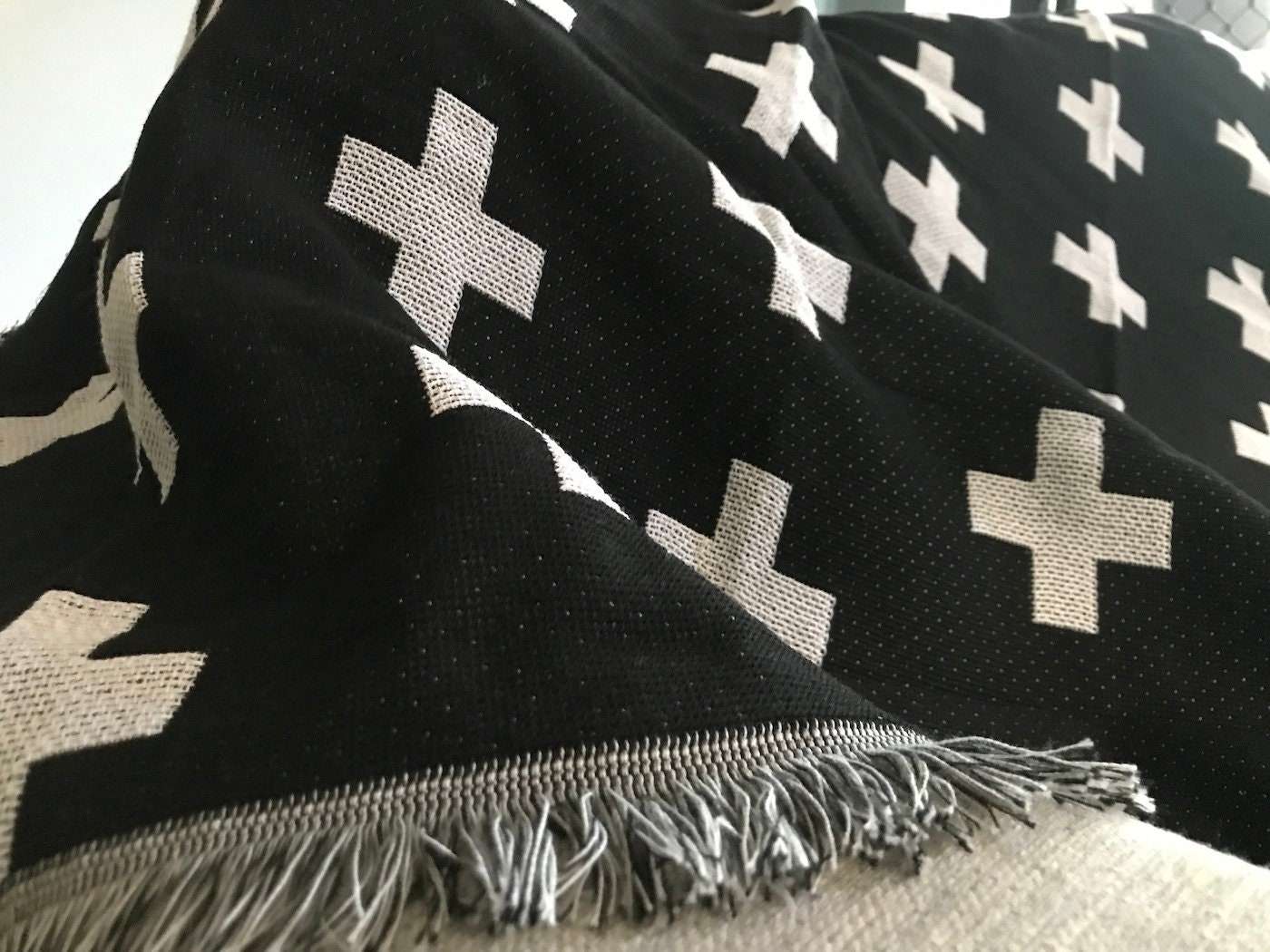 Large Black White Swiss Cross Cotton Throw Blanket Camping Etsy