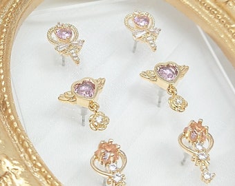 Magical Moon Wand Earrings Tiny Sailor Moon Stud Earrings Pink Coquette Jewelry Sparkling Heart Moon Studs Star Anime Jewel Earrings Gift