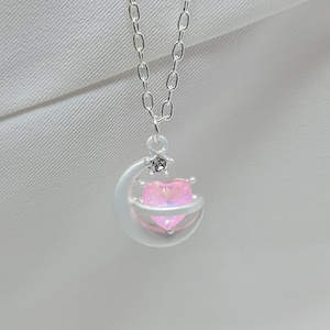 Pink Heart Moon Necklace Silver Celestial Heart Jewelry Sailor Moon Anime Cosplay Gift Silver Magical Moon Wand Necklace Sailor Guardians