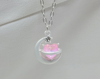 Pink Heart Moon Necklace: Silver Celestial Jewelry, Anime Cosplay Gift