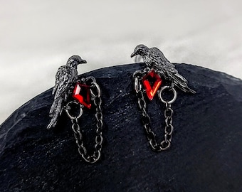 Sylus Love & Deepspace Earrings Black Raven Stud Earrings Black Gothic Crow Ruby Gemstone Black Chain Earrings Gamer Merch Gift for Her