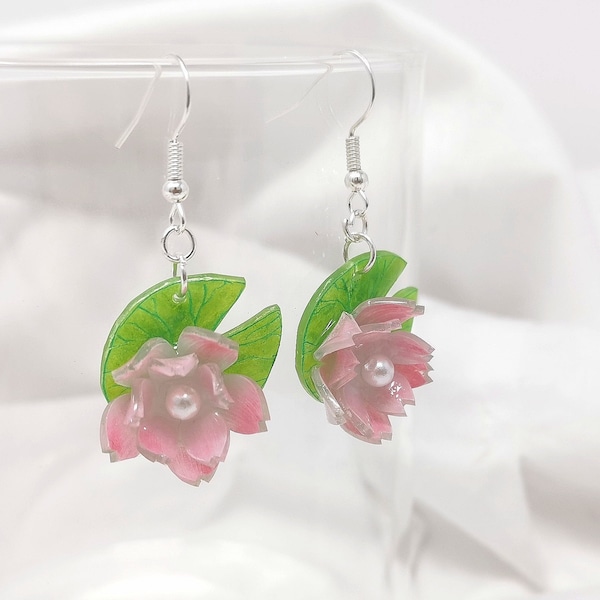 Lily Pad Earrings Lotus Flower Jewelry Realistic Lotus Flower Ring Shrinky Dink Earrings Summer Jewelry Water Lily Earrings UV Resin Jewelry