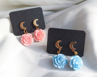 Crescent Moon Pastel Rose Earrings Moon Rose Jewelry Sailor Guardians Accessories Dusty Pink Rose Earrings Blue Moon Flower Earrings Gift