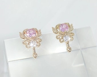 Moon Scepter Earrings Tiny Fairy Wand Coquette Jewelry Magical Moon Wand Earrings Pink Sailor Guardians Jewelry Spiral Heart Moon Anime Gift