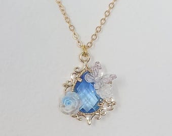 Genshin Furina Waterdrop Necklace – Genshin Impact Inspired Merch, Crystal Butterfly and Rose Pendant, Elegant Blue Teardrop Jewelry Gift