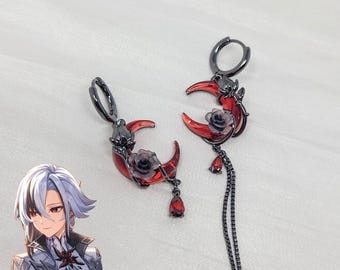 Genshin Arlecchino Masque of the Red Death Earrings & Necklace Red Moon Black Rose The Knave Jewelry Merch