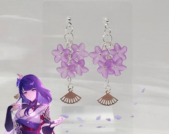 Genshin Raiden Shogun Earrings Purple Flower Silver Fan Jewelry Genshin Impact Character Merch Gift