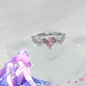 Bague de mariage Honkai Cyrene Elysia, cadeau HSR Star Rail, fausse bague de fiançailles en cristal rose avec ailes argentées et pierres précieuses