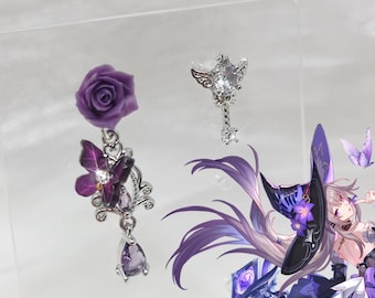 Honkai The Herta Earrings HSR Herta Necklace Star Rail Cosplay Jewelry Honkai Gamer Gift Purple Butterfly Rose Silver Key Stud Earrings