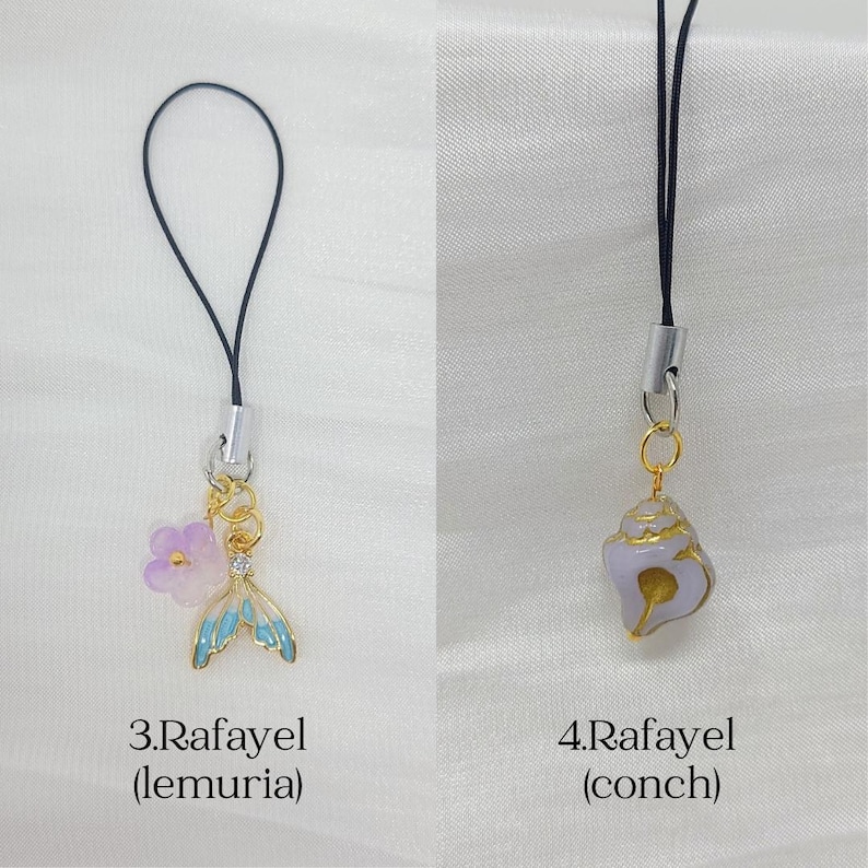 May include: Two phone charms with black cords. The first, labeled 3.Rafayel (lemuria), features a light purple flower and a blue and gold mermaid tail charm. The second, labeled 4.Rafayel (conch), features a light purple and gold conch shell charm.