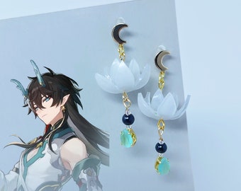 Honkai Star Rail Earrings Dan Heng Imbibitor Lunae Jewelry Gold Crescent Moon White Lotus and Emerald Drop Earrings Honkai Cosplay Gift