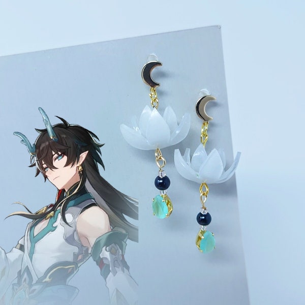 Honkai Star Rail Earrings Dan Heng Imbibitor Lunae Jewelry Gold Crescent Moon White Lotus and Emerald Drop Earrings Honkai Cosplay Gift