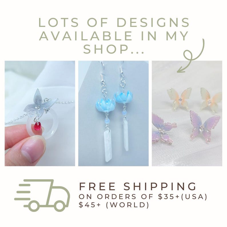 May include: Image showcasing various jewelry designs. Featured are a silver necklace with a butterfly pendant and a red gem, blue flower earrings, and butterfly stud earrings. The text reads "LOTS OF DESIGNS AVAILABLE IN MY SHOP..."