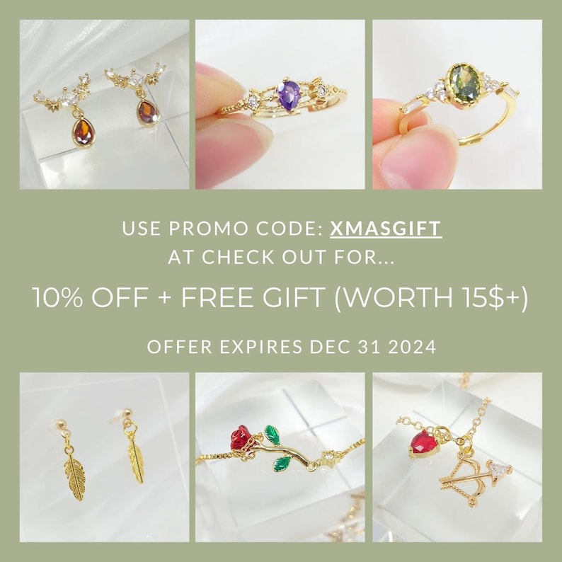May include: A collection of gold-toned jewelry, including earrings, rings, and a bracelet, featuring gemstones and nature-inspired designs. The image also includes the text "USE PROMO CODE: XMASGIFT" and "OFFER EXPIRES DEC 31 2024".
