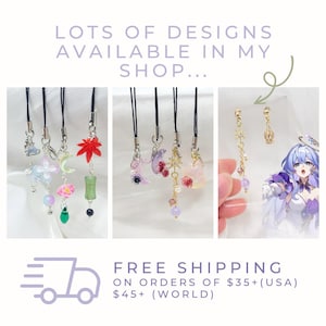 May include: Image features a variety of colorful charms and earrings. The charms include floral, celestial, and nature-inspired designs. The text in the image reads "LOTS OF DESIGNS AVAILABLE IN MY SHOP..." and "FREE SHIPPING ON ORDERS OF $35+(USA) $45+ (WORLD)".