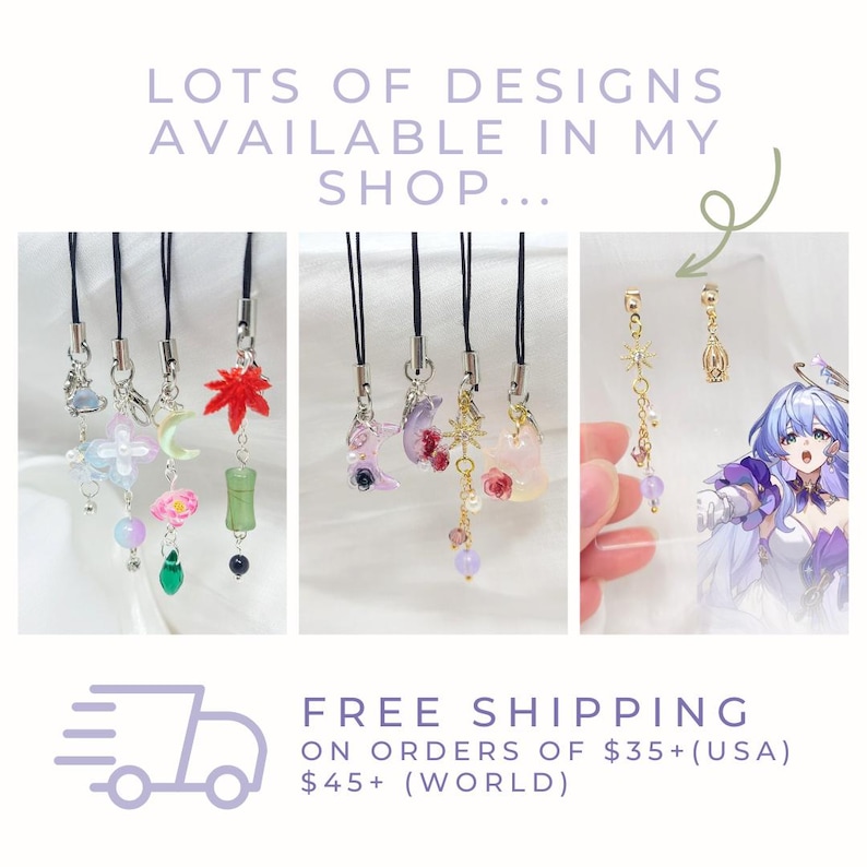 May include: Image features a variety of colorful charms and earrings. The charms include floral, celestial, and nature-inspired designs. The text in the image reads "LOTS OF DESIGNS AVAILABLE IN MY SHOP..." and "FREE SHIPPING ON ORDERS OF $35+(USA) $45+ (WORLD)".
