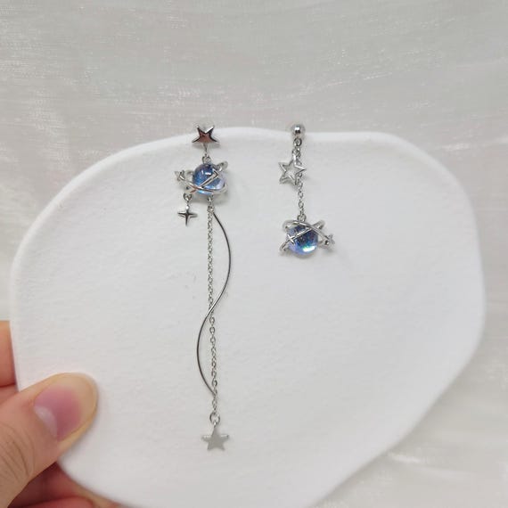 Star Rail Earrings Galaxy Planet Earrings – Asymmetrical Silver Star Dangle Earrings with Blue Orb, Celestial Cosmic Jewelry Gift