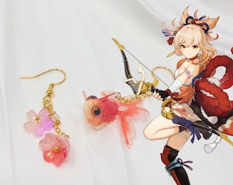 Genshin Impact Yoimiya Earrings Red Fish Purple Flower Jewelry Genshin Character Cosplay Earrings Fish Anime Earrring Gift for Genshin Gamer