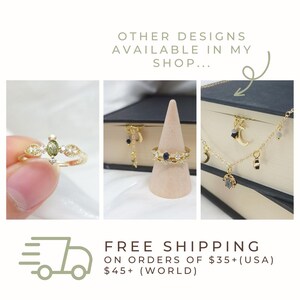 May include: A collage of gold-toned jewelry, including a ring with a green gemstone, earrings, and a necklace with celestial charms. The text "OTHER DESIGNS AVAILABLE IN MY SHOP..." is displayed above the jewelry.