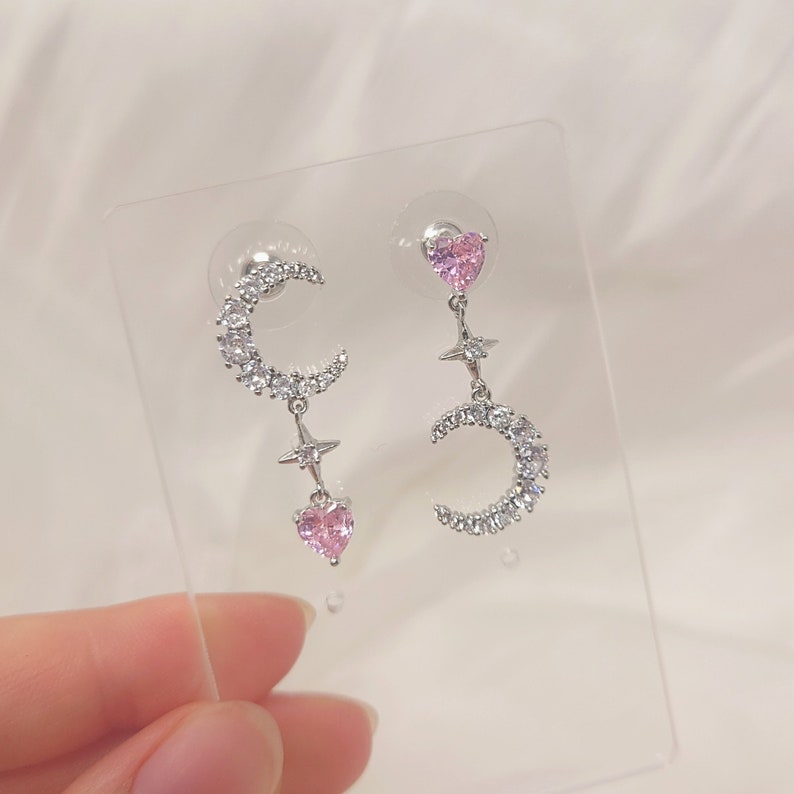 Star Heart Moon Earrings Sailor Moon Wand Earring Pink Diamond Heart Jewelry Princess Anime Lover Gift Magic Moon Stick Earrings Heart Charm image 7
