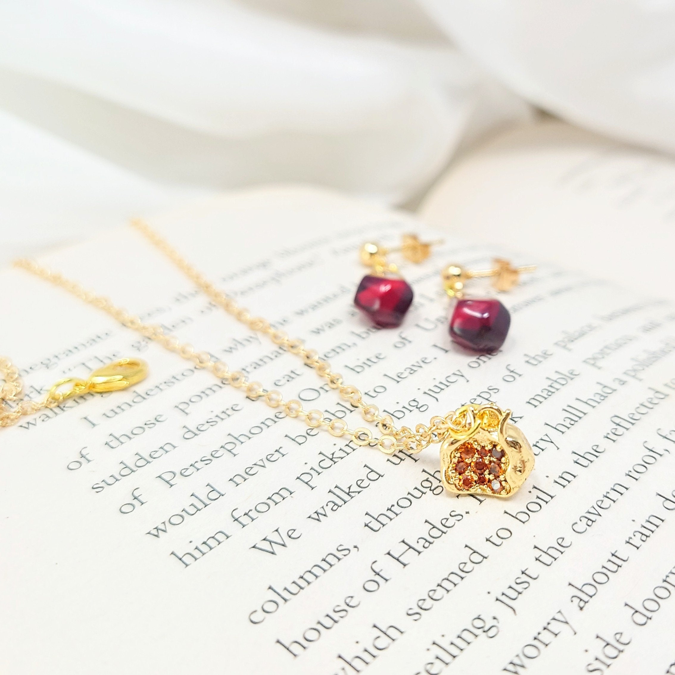 Greek Mythology Persephone Jewelry Greek Myth Red Pomegranate Necklace & Earrings Greek God 14K Gold Plated Charm Necklace Bookish Gift