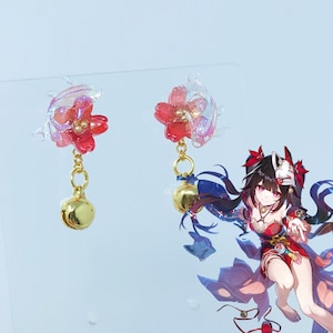 Orecchini Honkai scintillanti, orecchini Star Rail, orecchini a forma di fiore rosso scintillante, orecchini a forma di campana dorata, gioielli con personaggi, regalo per giocatori, orecchini a bottone in resina a forma di pesce