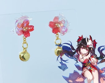 Sparkle Honkai Earrings Star Rail Jewelry Red Shimmery Flower Earrings Gold Bell Character Jewelry Gift for Gamers Resin Fish Stud Earrings