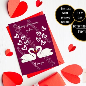 Afdrukbare verjaardagskaart, INSTANT DOWNLOAD, Kussende Zwanen, Kaart voor Vriendje, Kaart voor Partner, 5x7 Wenskaart, Afdrukbare envelop