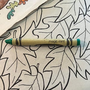 May include: A green and tan crayon labeled "magic mint" rests on a coloring page with leaf outlines. The crayon has green tips and a tan body with a dark brown stripe. The coloring page features black outlines of leaves.