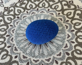 Crochet egg maraca, bright blue egg shaker musical instrument, cha cha egg with crochet exterior, percussion shaker, rhythm maraca egg