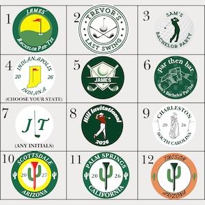 May include: A grid of twelve circular designs for poker chips featuring golf-themed graphics, text, and numbers. Each design includes elements like golf clubs, balls, tees, and locations such as Indianapolis, Charleston, Scottsdale, and Palm Springs.