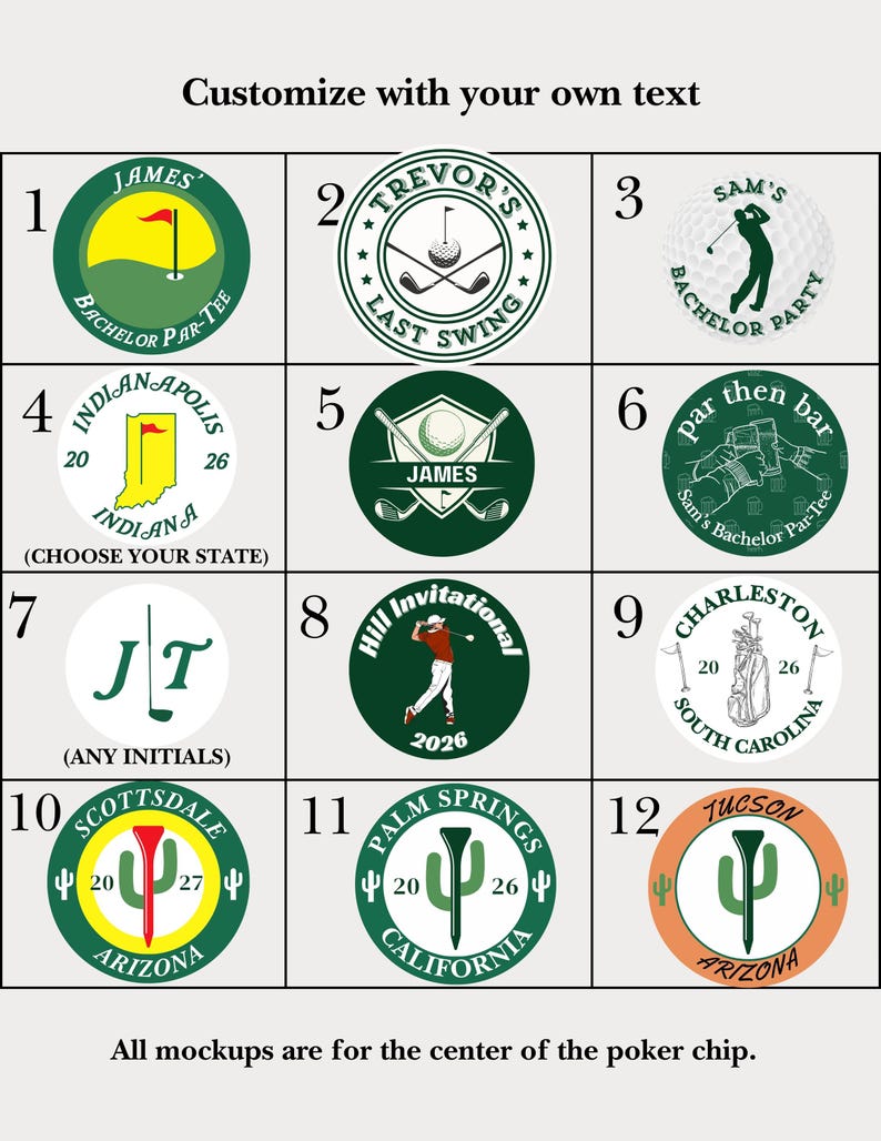 May include: A grid of twelve circular designs for poker chips featuring golf-themed graphics, text, and numbers. Each design includes elements like golf clubs, balls, tees, and locations such as Indianapolis, Charleston, Scottsdale, and Palm Springs.