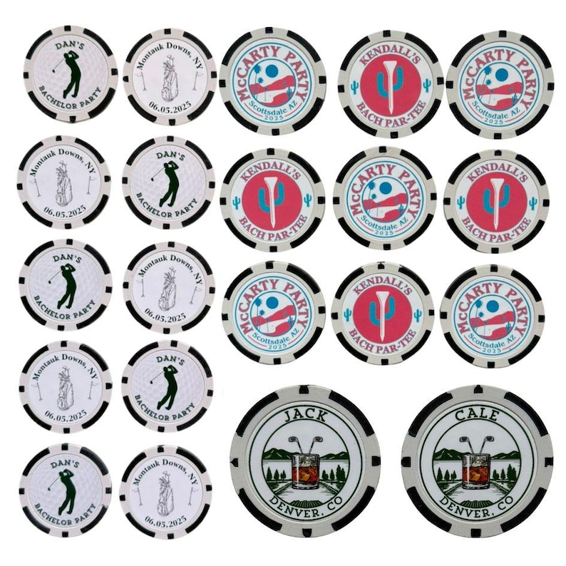 May include: A collection of round white poker chips with black edges, featuring various printed designs including golf silhouettes, text reading Dan's Bachelor Party, Montauk Downs, NY, 06.05.2025, McCarty Party Scottsdale AZ 2025, Kendall's Bach Par-Tee, Jack, and Cale Denver, CO.