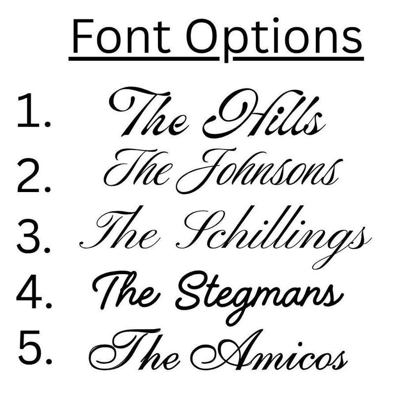 Puede incluir: Un gr&aacute;fico en blanco y negro que muestra el texto Font Options con una l&iacute;nea horizontal debajo. A continuaci&oacute;n hay cinco l&iacute;neas numeradas, cada una con un apellido diferente escrito en una fuente cursiva: 1. The Hills, 2. The Johnsons, 3. The Schillings, 4. The Stegmans, 5. The Amicos.
