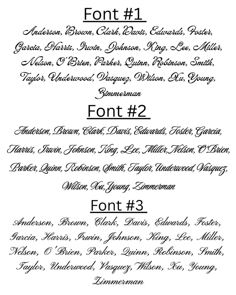 Puede incluir: Una tabla tipogr&aacute;fica en blanco y negro que muestra tres estilos de fuente manuscrita distintos etiquetados como Font #1, Font #2 y Font #3. Cada secci&oacute;n enumera los mismos apellidos, desde Anderson hasta Zimmerman, para mostrar la caligraf&iacute;a.