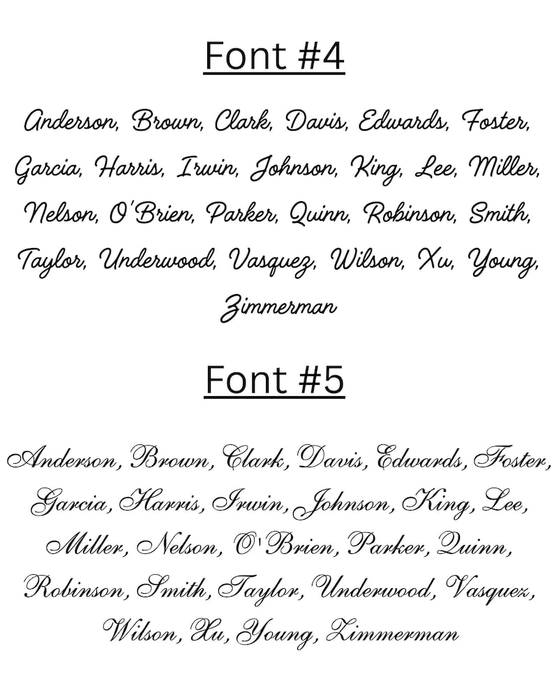 Puede incluir: Una muestra de dos estilos de fuente etiquetados como Font #4 y Font #5. Cada secci&oacute;n enumera los mismos apellidos desde Anderson hasta Zimmerman en texto negro sobre fondo blanco. La fuente #4 es una caligraf&iacute;a simple y la #5 es m&aacute;s decorativa.